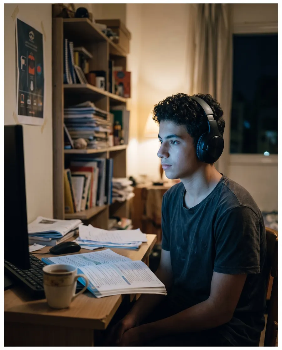 A player at a desk wearing headphones at night, lit by a monitor off-frame.