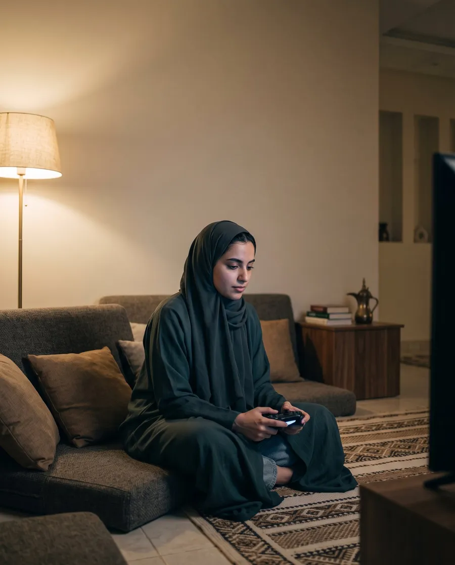 A player at home on a sofa, controller in hand, lit by a lamp and the glow of a screen off-frame.